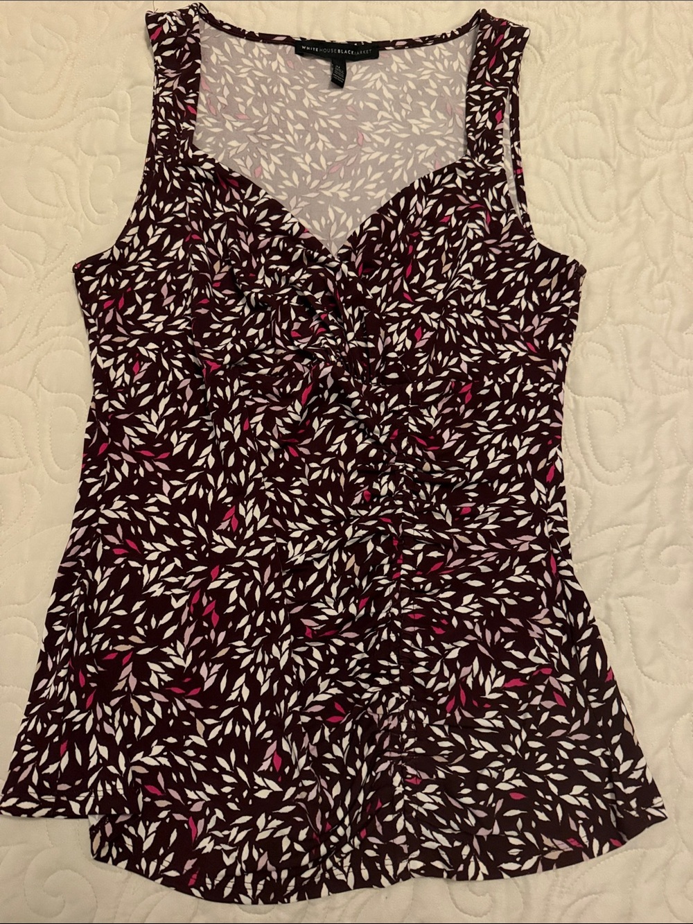 Burgundy Leaf-Print Sleeveless Tank with Sweetheart Neckline